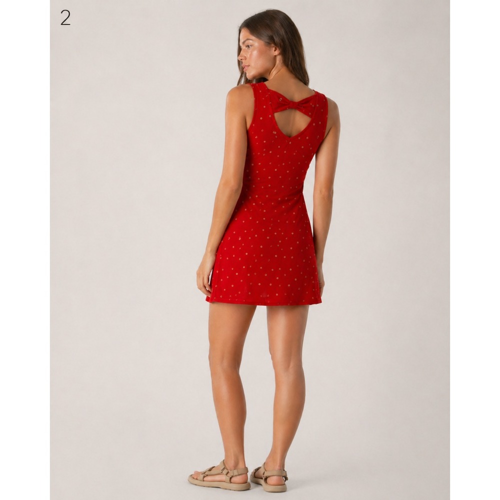 Marmot Annabelle Dress Womens XS Red Tan Polka Dot Polyester Twist Open Back NEW
